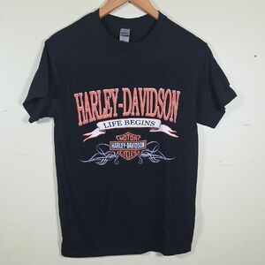 Harley Davidson Women Small LIFE BEGINS Black T-Shirt